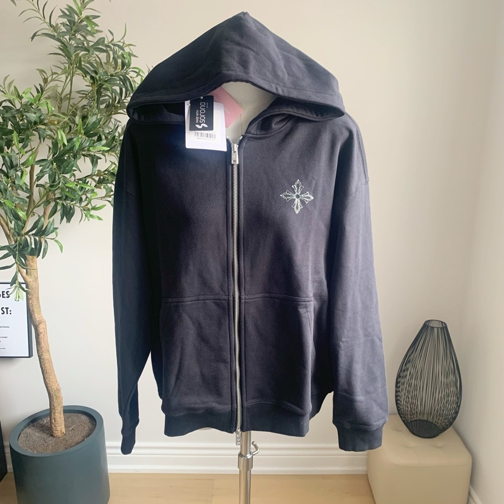 ClimaxVision Black Zip Up Hoodie Cross Logo Oversize S